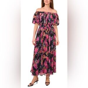 Vince Camuto Off-Shoulder Black Maxi Dress with Pink Floral Print